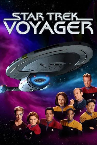 Star Trek Voyager poster: Kate Mulgrew Captain Janeway full cast ensemble Robert Beltran Chakotay Jeri Ryan Seven of Nine Voyager starship purple nebula classic 1995-2001 sci-fi series – anti-woke review WOKE-O-METER rating & conservative Christian family-friendly verdict exposing woke Hollywood agenda on WorthItOrWoke.com