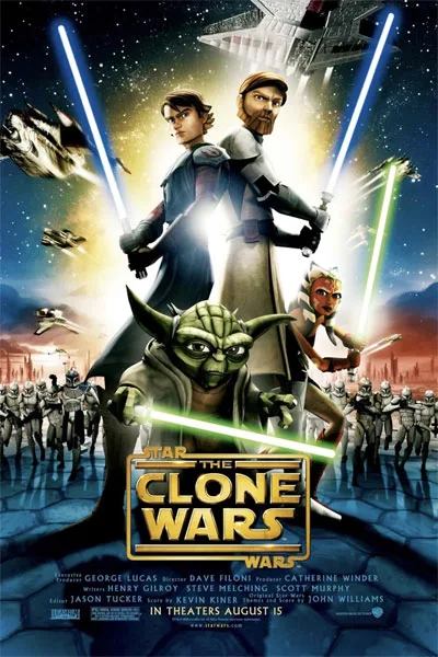 Poster for Star Wars: The Clone Wars with Anakin Skywalker and Obi-Wan Kenobi back-to-back wielding blue lightsabers, and Yoda at the front.