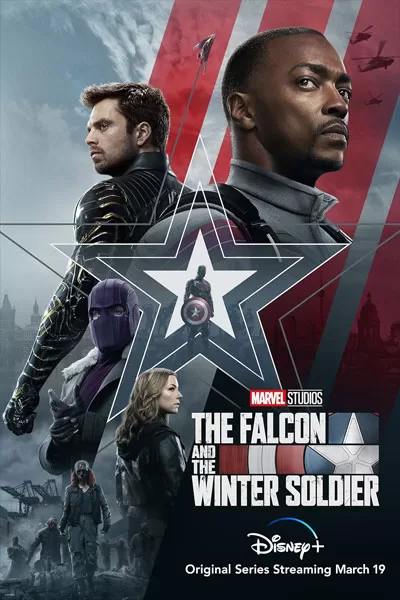 The Falcon and the Winter Soldier official poster: Anthony Mackie Sam Wilson Sebastian Stan Bucky Barnes Winter Soldier star emblem shield Disney+ MCU series 2021 – anti-woke review WOKE-O-METER rating & conservative Christian family-friendly verdict exposing woke Hollywood agenda on WorthItOrWoke.com