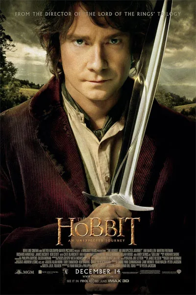 The Hobbit An Unexpected Journey poster: Martin Freeman Bilbo Baggins sword close-up epic fantasy adventure from Peter Jackson classic 2012 movie – conservative alternative to Rotten Tomatoes anti-woke WOKE-O-METER rating & Christian family-friendly verdict exposing woke Hollywood agenda on WorthItOrWoke.com
