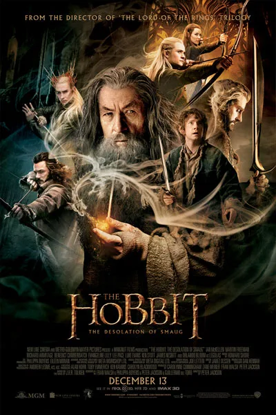 The Hobbit The Desolation of Smaug poster: Ian McKellen Gandalf Martin Freeman Bilbo full cast ensemble epic adventure classic 2013 fantasy movie Peter Jackson – conservative alternative to Rotten Tomatoes anti-woke WOKE-O-METER rating & Christian family-friendly verdict exposing woke Hollywood agenda on WorthItOrWoke.com
