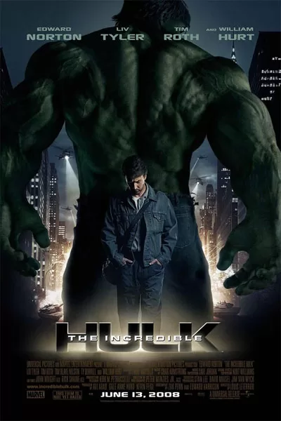 "The Incredible Hulk 2008 official poster: massive Hulk back view towering over Edward Norton Bruce Banner city night skyline Marvel classic Louis Leterrier – anti-woke review WOKE-O-METER rating & conservative Christian family-friendly verdict exposing woke Hollywood agenda on WorthItOrWoke.com