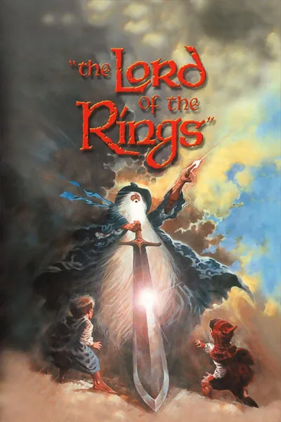 The Lord of the Rings 1978 animated poster: Gandalf with glowing sword Frodo Samwise epic fantasy classic Ralph Bakshi movie – conservative alternative to Rotten Tomatoes anti-woke WOKE-O-METER rating & Christian family-friendly verdict exposing woke Hollywood agenda on WorthItOrWoke.com