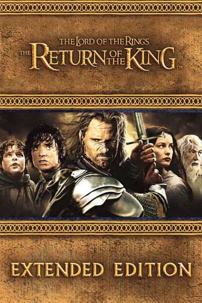 The Lord of the Rings The Return of the King Extended Edition poster: Viggo Mortensen Aragorn with Frodo Sam Merry Pippin Legolas Gimli Gandalf ensemble epic finale classic 2003 Peter Jackson fantasy movie – conservative alternative to Rotten Tomatoes anti-woke WOKE-O-METER rating & Christian family-friendly verdict exposing woke Hollywood agenda on WorthItOrWoke.com