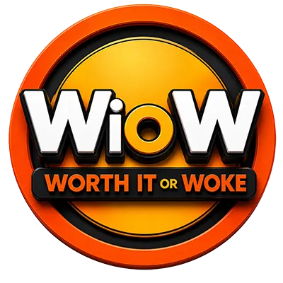 Worth It or Woke (WioW) official logo – bold white 'WioW' text with stylized orange 'o' on a vibrant orange circle background with red-orange border