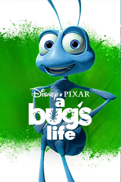 Poster for Disney-Pixar's A Bug's Life featuring a cheerful blue ant on a bright green splash background.