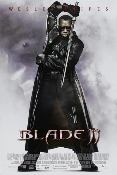 Blade II movie poster with Wesley Snipes in a black coat, wielding a sword amid a smoky background; the title 'Blade II' appears at the bottom.