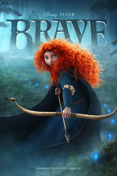 Brave poster: Merida with wild red curly hair aiming bow mystical forest Disney Pixar 2012 Scottish princess adventure – conservative alternative to Rotten Tomatoes anti-woke WOKE-O-METER rating & Christian family-friendly verdict exposing woke Hollywood agenda on WorthItOrWoke.com