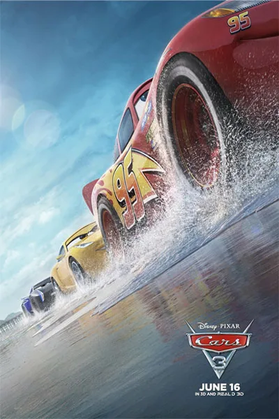 Cars 3 poster: Lightning McQueen splashing through water high speed action yellow car behind dramatic Pixar racing movie June 2017 – conservative alternative to Rotten Tomatoes anti-woke WOKE-O-METER rating & Christian family-friendly verdict exposing woke Hollywood agenda on WorthItOrWoke.com