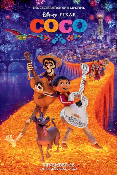 Poster for Disney•Pixar's Coco: Miguel with guitar, a skeletal friend, and a dog on a glowing orange bridge in the Land of the Dead, with fireworks overhead.