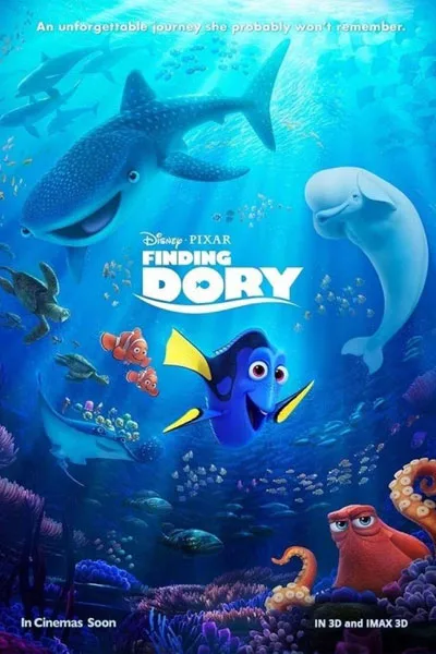 Finding Dory poster: Dory with Destiny the whale shark, Bailey the beluga, Hank the octopus and sea creatures underwater adventure Disney Pixar 2016 – conservative alternative to Rotten Tomatoes anti-woke WOKE-O-METER rating & Christian family-friendly verdict exposing woke Hollywood agenda on WorthItOrWoke.com