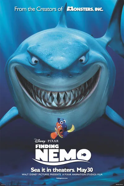 Finding Nemo poster: Bruce the great white shark grinning with Dory and Nemo 'Fish are friends, not food' Disney Pixar 2003 underwater adventure – conservative alternative to Rotten Tomatoes anti-woke WOKE-O-METER rating & Christian family-friendly verdict exposing woke Hollywood agenda on WorthItOrWoke.com