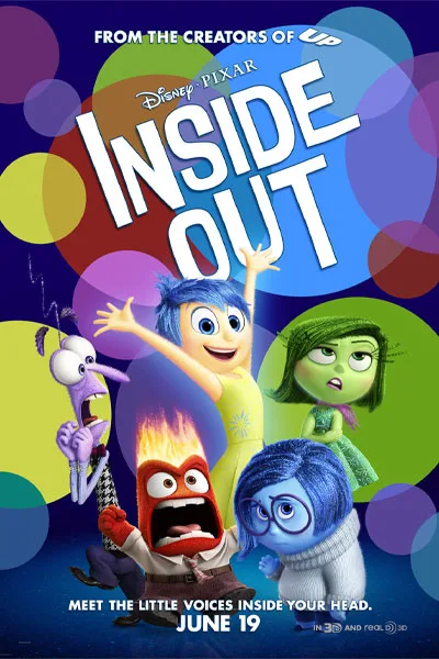 Inside Out poster: Joy Sadness Anger Fear Disgust full emotions cast colorful bubbles Pixar June 2015 mind adventure – conservative alternative to Rotten Tomatoes anti-woke WOKE-O-METER rating & Christian family-friendly verdict exposing woke Hollywood agenda on WorthItOrWoke.com