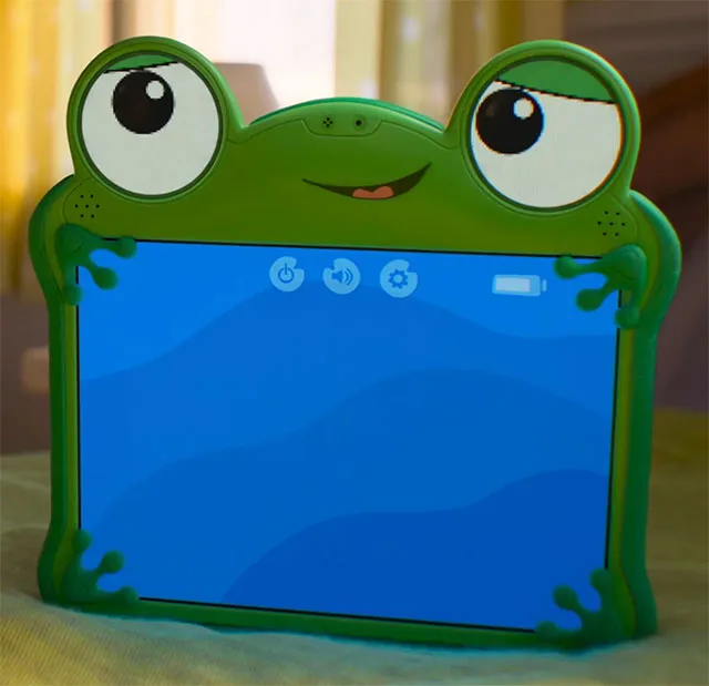 Toy Story 5 Lilypad green frog tablet case big eyes smiling 'Hi! Let's play!' screen cute new toy gadget Disney Pixar 2026 movie – conservative alternative to Rotten Tomatoes anti-woke WOKE-O-METER rating & Christian family-friendly verdict exposing woke Hollywood agenda on WorthItOrWoke.com