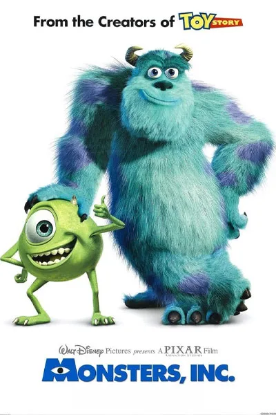 Monsters Inc poster: Sulley and Mike Wazowski iconic duo Disney Pixar 2001 scare factory comedy masterpiece – conservative alternative to Rotten Tomatoes anti-woke WOKE-O-METER rating & Christian family-friendly verdict exposing woke Hollywood agenda on WorthItOrWoke.com