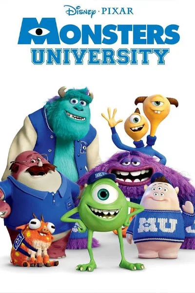 Monsters University poster: Mike Wazowski Sulley and full monster cast university group shot Pixar 2013 comedy prequel – conservative alternative to Rotten Tomatoes anti-woke WOKE-O-METER rating & Christian family-friendly verdict exposing woke Hollywood agenda on WorthItOrWoke.com