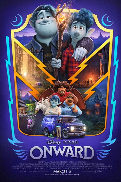 Disney Pixar's Onward poster: two brothers hold a glowing staff above a fantasy landscape with a blue truck and companions below.