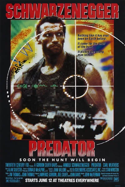 Predator 1987 poster: Arnold Schwarzenegger classic crosshairs target muscular pose gun iconic red title 'The Hunt Will Begin' vintage action horror sci-fi movie – conservative alternative to Rotten Tomatoes anti-woke WOKE-O-METER rating & Christian family-friendly verdict exposing woke Hollywood agenda on WorthItOrWoke.com