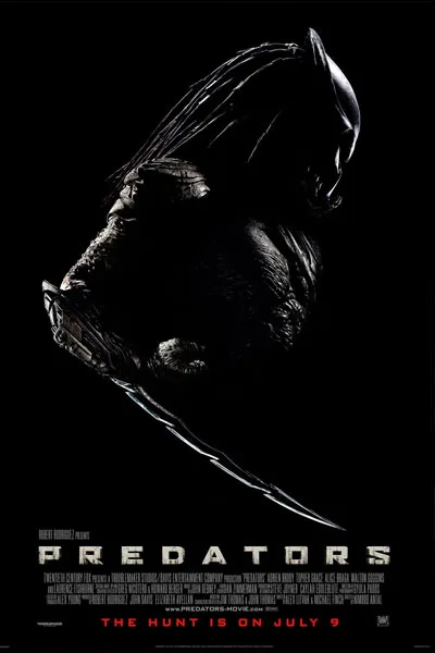 Predators 2010 poster: dramatic black silhouette Predator with blade menacing pose dark background 'The Hunt Is On' classic 2010 sci-fi action horror movie – conservative alternative to Rotten Tomatoes anti-woke WOKE-O-METER rating & Christian family-friendly verdict exposing woke Hollywood agenda on WorthItOrWoke.com