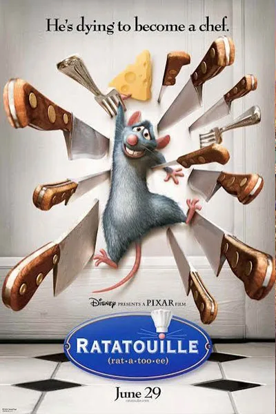 Ratatouille poster: Remy the rat holding cheese surrounded by flying knives 'He's dying to become a chef' Pixar 2007 Paris kitchen comedy – conservative alternative to Rotten Tomatoes anti-woke WOKE-O-METER rating & Christian family-friendly verdict exposing woke Hollywood agenda on WorthItOrWoke.com