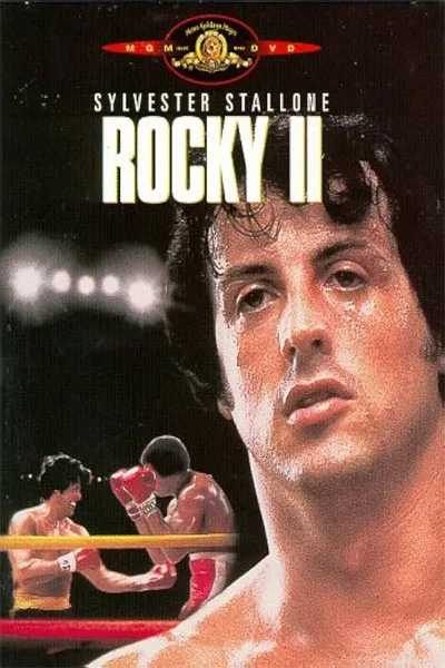 Rocky II poster: Sylvester Stallone intense sweaty close-up boxing ring action inset classic 1979 underdog sequel iconic MGM release – conservative alternative to Rotten Tomatoes anti-woke WOKE-O-METER rating & Christian family-friendly verdict exposing woke Hollywood agenda on WorthItOrWoke.com