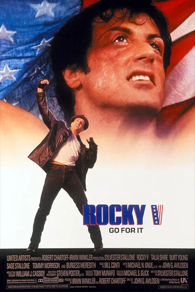 Rocky V poster: Sylvester Stallone intense close-up American flag background full body fighting pose 'Go For It' classic 1990 boxing drama underdog sequel – conservative alternative to Rotten Tomatoes anti-woke WOKE-O-METER rating & Christian family-friendly verdict exposing woke Hollywood agenda on WorthItOrWoke.com