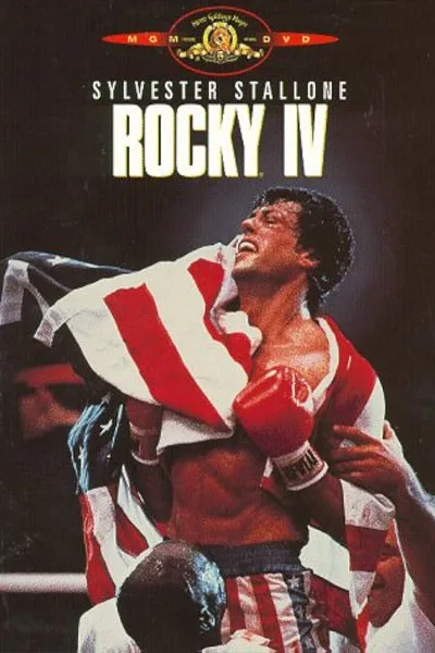 Rocky IV poster: Sylvester Stallone Rocky triumphant American flag wrapped intense victory pose classic 1985 boxing Cold War underdog sequel iconic MGM – conservative alternative to Rotten Tomatoes anti-woke WOKE-O-METER rating & Christian family-friendly verdict exposing woke Hollywood agenda on WorthItOrWoke.com