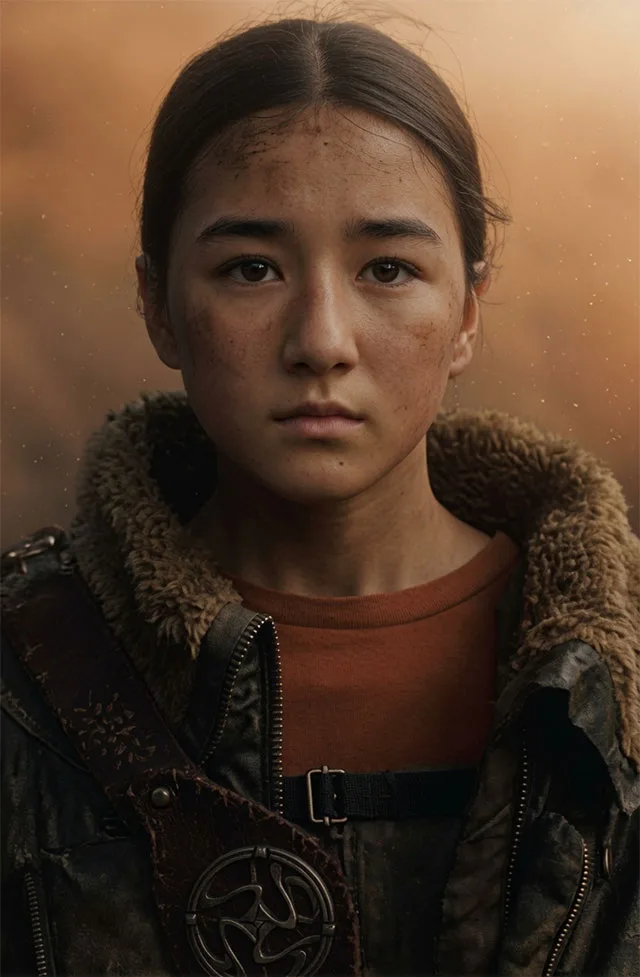 Supergirl 2026 Ruthye portrait: young warrior woman with dirty face and rugged leather jacket serious expression orange hazy background – conservative alternative to Rotten Tomatoes anti-woke WOKE-O-METER rating & Christian family-friendly verdict exposing woke Hollywood agenda on WorthItOrWoke.com