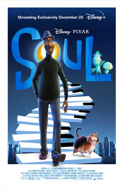Soul poster: Joe Gardner walking on piano keys with 22 and cat Pixar December 2020 streaming Disney+ emotional music adventure – conservative alternative to Rotten Tomatoes anti-woke WOKE-O-METER rating & Christian family-friendly verdict exposing woke Hollywood agenda on WorthItOrWoke.com