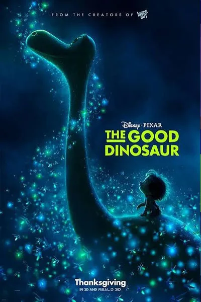 Movie poster for The Good Dinosaur: a boy rides a dinosaur against a glowing blue, sparkly background.