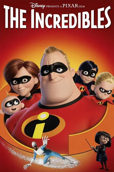 Poster for The Incredibles featuring the superhero family in red suits, with Mr. Incredible center stage against a fiery orange-red background