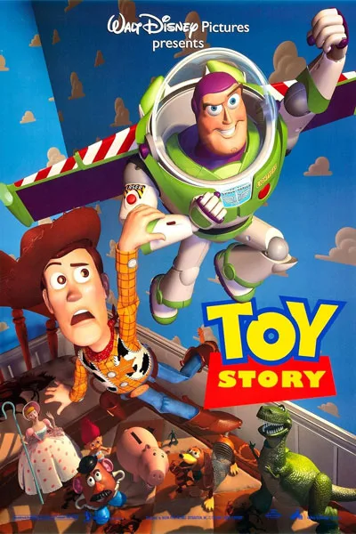 Toy Story poster: Buzz Lightyear flying with Woody looking up and full toy cast below Disney Pixar 1995 groundbreaking CGI animated classic – conservative alternative to Rotten Tomatoes anti-woke WOKE-O-METER rating & Christian family-friendly verdict exposing woke Hollywood agenda on WorthItOrWoke.com