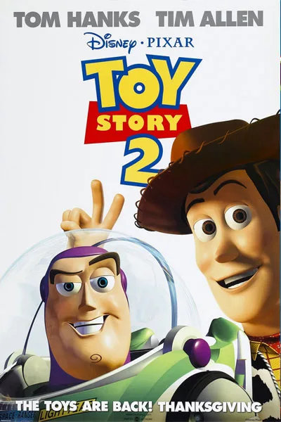 Toy Story 2 poster: Woody and Buzz Lightyear close-up Tom Hanks Tim Allen Disney Pixar 1999 animated sequel 'The Toys Are Back' Thanksgiving release – conservative alternative to Rotten Tomatoes anti-woke WOKE-O-METER rating & Christian family-friendly verdict exposing woke Hollywood agenda on WorthItOrWoke.com