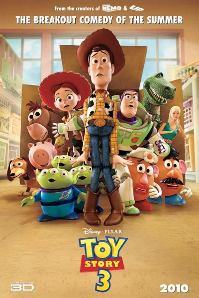 oy Story 3 poster: Woody Buzz Lightyear and toy friends in box classic 2010 Pixar summer blockbuster 3D – conservative alternative to Rotten Tomatoes anti-woke WOKE-O-METER rating & Christian family-friendly verdict exposing woke Hollywood agenda on WorthItOrWoke.com