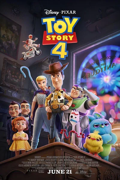 Toy Story 4 movie poster showing Woody, Buzz Lightyear, Bo Peep and friends posed in a neon arcade setting, June 21 release.