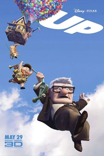 Up poster: Carl Fredricksen with house lifted by colorful balloons Russell and Dug flying adventure classic Disney Pixar 2009 emotional masterpiece – conservative alternative to Rotten Tomatoes anti-woke WOKE-O-METER rating & Christian family-friendly verdict exposing woke Hollywood agenda on WorthItOrWoke.com