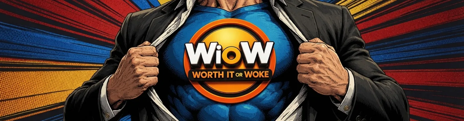 Worth It or Woke homepage banner: powerful superhero man tearing open suit to reveal blue WiOW logo Worth It Or Woke chest emblem comic book explosive background – conservative alternative to Rotten Tomatoes anti-woke WOKE-O-METER rating & Christian family-friendly verdict exposing woke Hollywood agenda on WorthItOrWoke.com