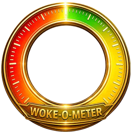 Gold circular Woke-O-Meter badge with a red-to-green color gradient and a hollow center.