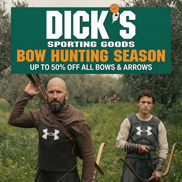 Parody Dick's Sporting Goods ad with Jon Bernthal and Tom Holland in terrible Odyssey 2026 costumes bow hunting season – poking fun at the film's bad costumes – conservative alternative to Rotten Tomatoes anti-woke WOKE-O-METER rating & Christian family-friendly verdict exposing woke Hollywood agenda on WorthItOrWoke.com