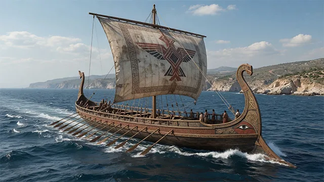 Ancient Greek Pentekonter warship with sail and rowers on the open sea – epic vessel from Homer’s Odyssey used in review of The Odyssey 2026 movie – conservative alternative to Rotten Tomatoes anti-woke WOKE-O-METER rating & Christian family-friendly verdict exposing woke Hollywood agenda on WorthItOrWoke.com