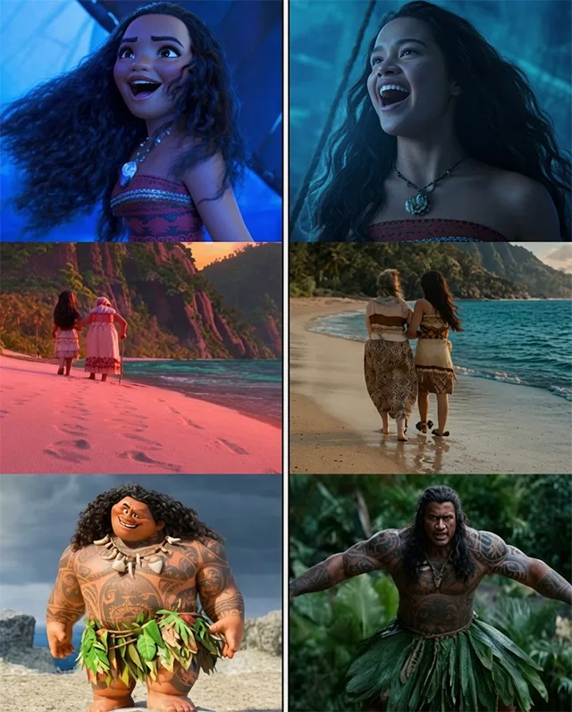 Moana side-by-side comparison: animated cartoon version next to live-action real actors for Moana and Maui Disney remake – conservative alternative to Rotten Tomatoes anti-woke WOKE-O-METER rating & Christian family-friendly verdict exposing woke Hollywood agenda on WorthItOrWoke.com