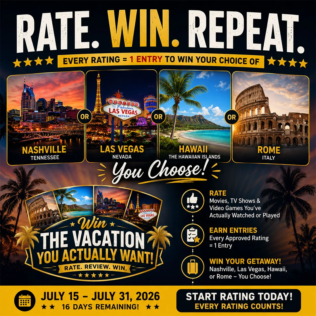 Worth it or Woke vacation giveaway banner promoting a chance to win a vacation to Rome, Hawaii, Nashville, or Las Vegas by leaving approved entertainment ratings. Includes promotion dates, Free Members Qualify notice, and account page details.