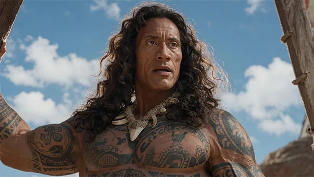 The Rock as Maui in Moana: Dwayne Johnson muscular tattooed demigod close-up long curly hair ocean backdrop Disney animated film – conservative alternative to Rotten Tomatoes anti-woke WOKE-O-METER rating & Christian family-friendly verdict exposing woke Hollywood agenda on WorthItOrWoke.com